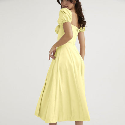 Square Neck Puff Sleeve Tie Front High Slit Midi Dress