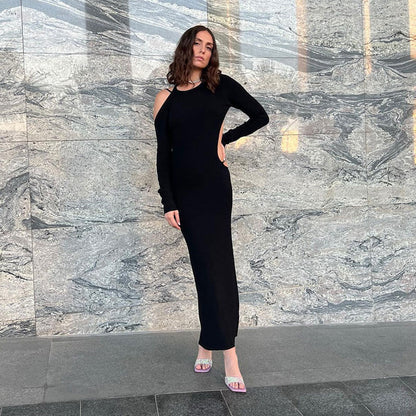 Long Sleeve Asymmetric Cutout Buckle Strap Backless Bodycon Maxi Dress