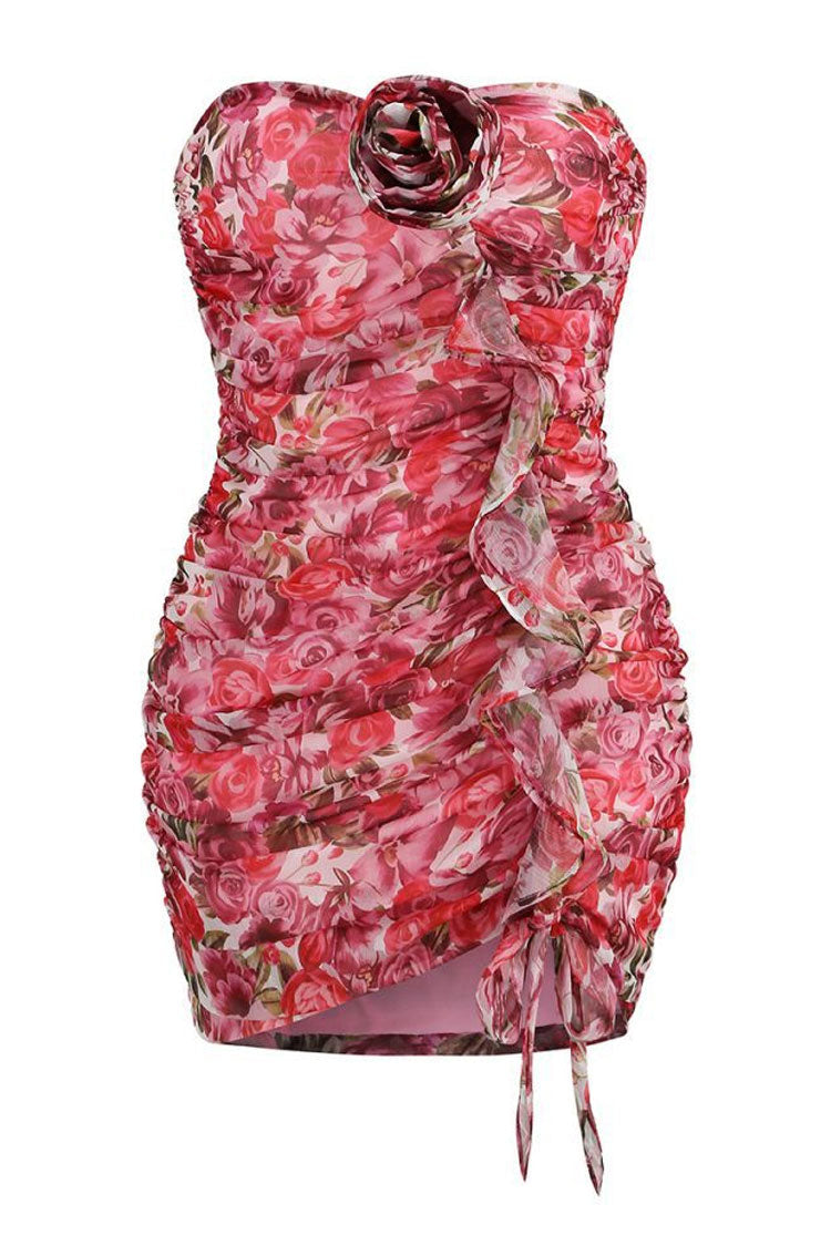 Floral Print Strapless Rosette Ruched Cascading Ruffle Asymmetric Hem Mini Dress