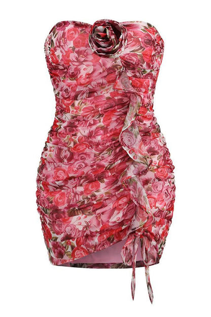 Floral Print Strapless Rosette Ruched Cascading Ruffle Asymmetric Hem Mini Dress