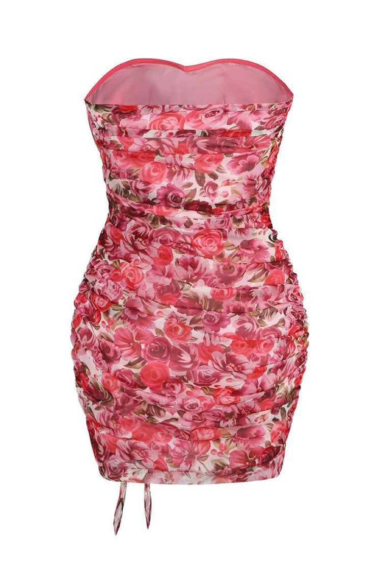Floral Print Strapless Rosette Ruched Cascading Ruffle Asymmetric Hem Mini Dress
