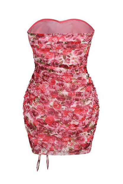 Floral Print Strapless Rosette Ruched Cascading Ruffle Asymmetric Hem Mini Dress