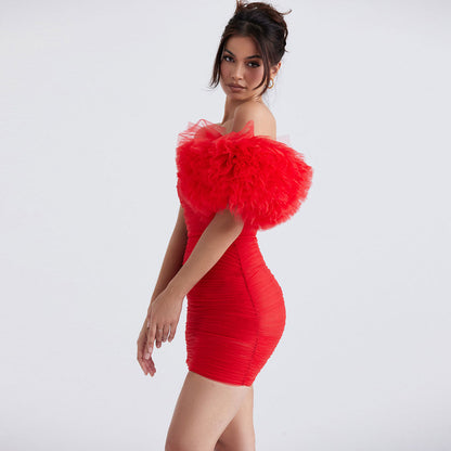 Strapless Ruched Mesh Puff Sleeve Overlay Bodycon Mini Dress