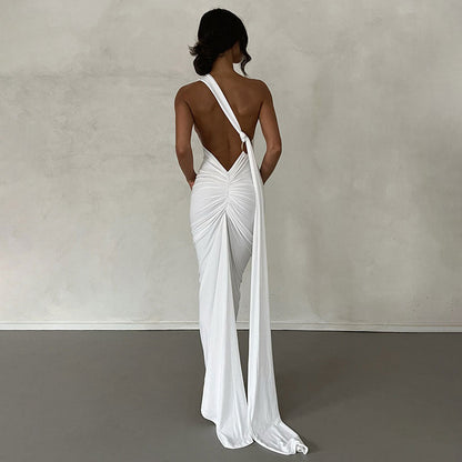 One Shoulder Ruched Backless Evening Maxi Dress