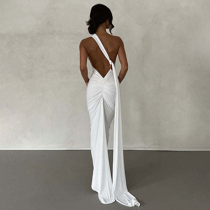 One Shoulder Ruched Backless Evening Maxi Dress 2