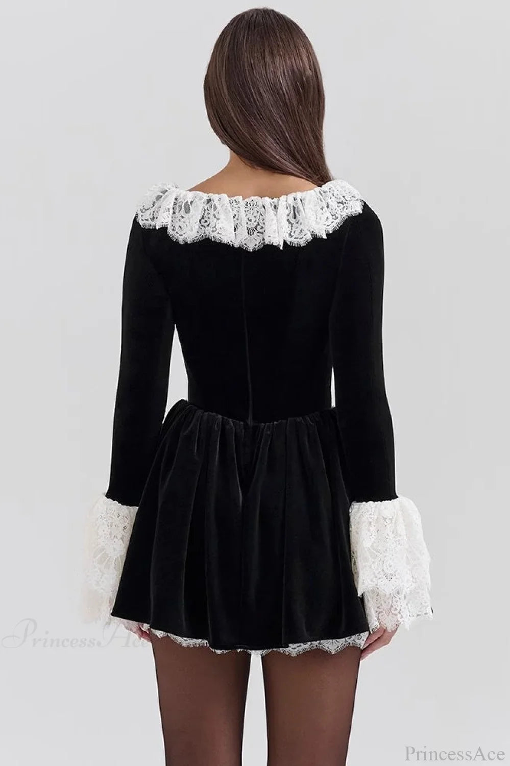 Sexy Square Neck Lace Trim Flared Sleeve Mini Dress
