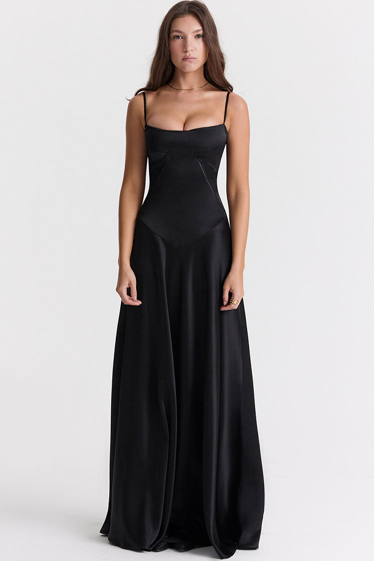 Square Neck Corset Bodice Pintuck Lace Up Back Satin Slip Maxi Dress
