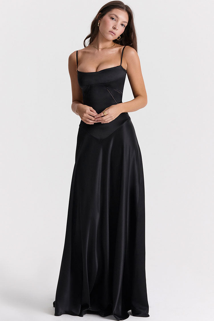 Square Neck Corset Bodice Pintuck Lace Up Back Satin Slip Maxi Dress