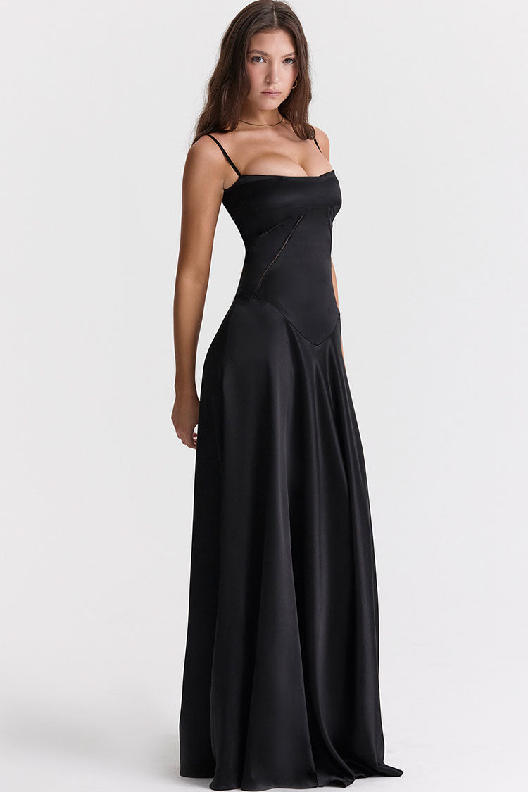 Square Neck Corset Bodice Pintuck Lace Up Back Satin Slip Maxi Dress