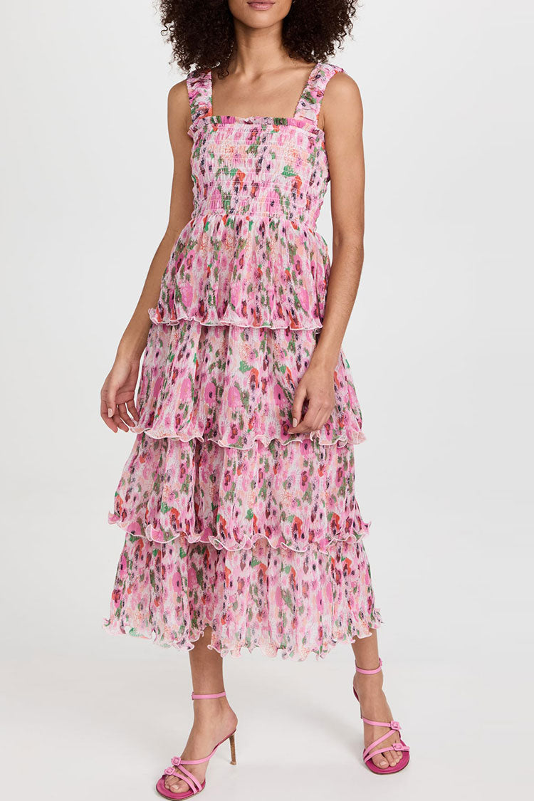 Abstract Floral Print Square Neck Smocked Tiered Ruffle Hem Midi Dress