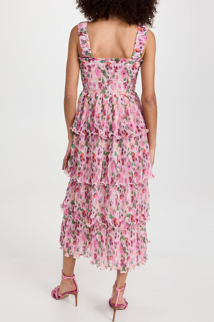 Abstract Floral Print Square Neck Smocked Tiered Ruffle Hem Midi Dress