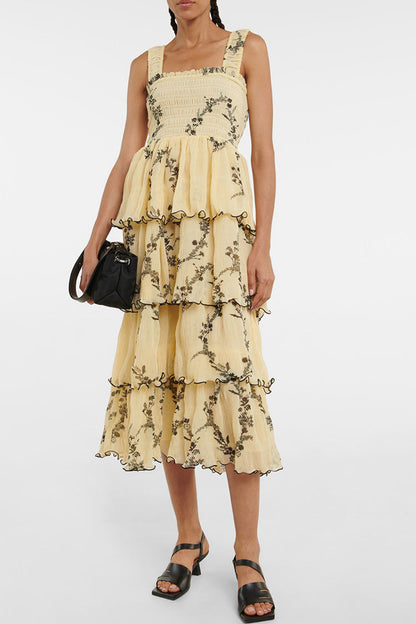 Botanical Print Square Neck Smocked Tiered Ruffle Trim Midi Dress