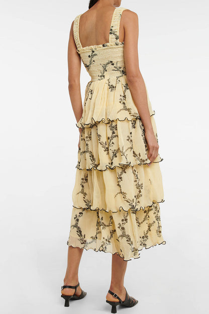 Botanical Print Square Neck Smocked Tiered Ruffle Trim Midi Dress