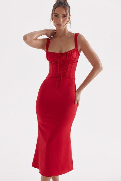 Square Neck Ruched Bust Wide Strap Lace Up Corset Midi Dress
