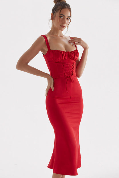 Square Neck Ruched Bust Wide Strap Lace Up Corset Midi Dress