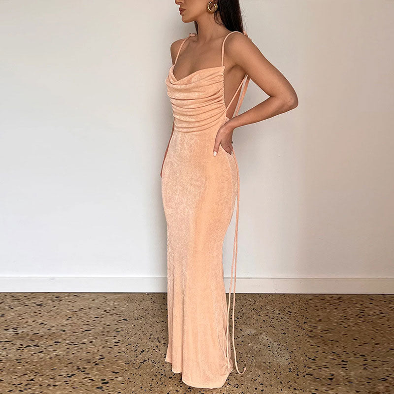 Tie Shoulder Cowl Neck Ruched Trim Backless Maxi Dress