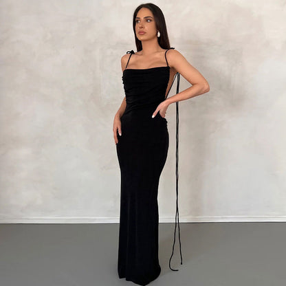 Tie Shoulder Cowl Neck Ruched Trim Backless Maxi Dress 2