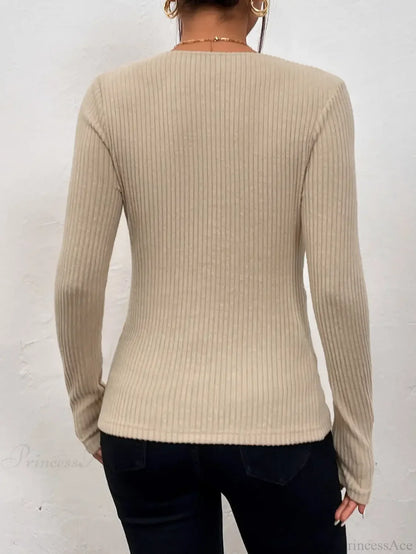Sexy V-Neck Pleated Knotted Long Sleeve Knitted T-shirt Women