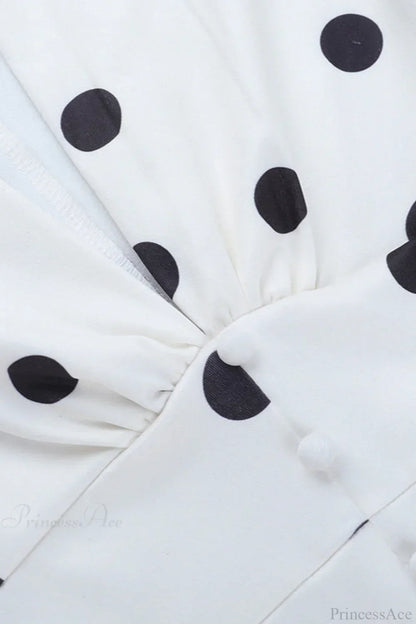 Deep V-Neck Polka Dot Bishop Sleeve Ruched Bodycon Mini Dress