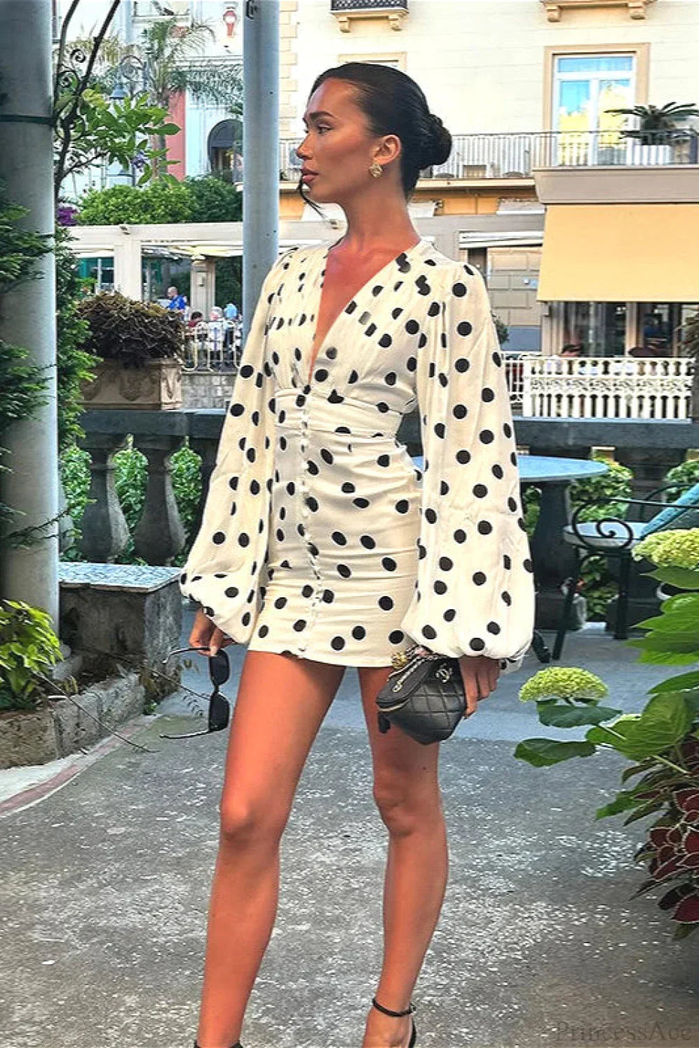 Deep V-Neck Polka Dot Bishop Sleeve Ruched Bodycon Mini Dress