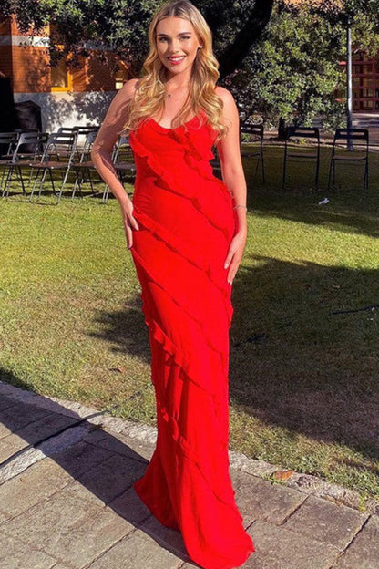 Spaghetti Strap Diagonal Tiered Ruffle Front Maxi Dress