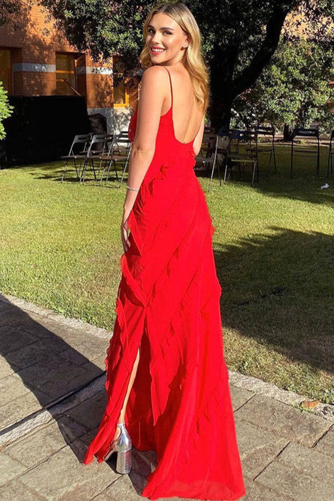 Spaghetti Strap Diagonal Tiered Ruffle Front Maxi Dress