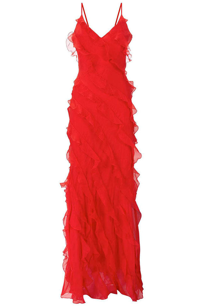 Spaghetti Strap Diagonal Tiered Ruffle Front Maxi Dress