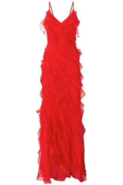 Spaghetti Strap Diagonal Tiered Ruffle Front Maxi Dress