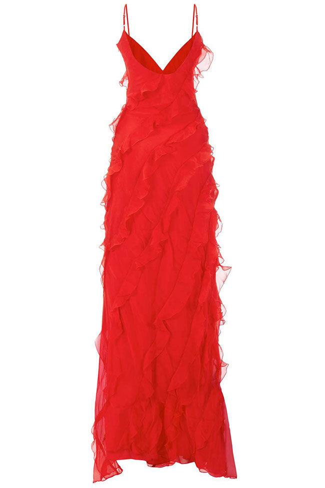 Spaghetti Strap Diagonal Tiered Ruffle Front Maxi Dress