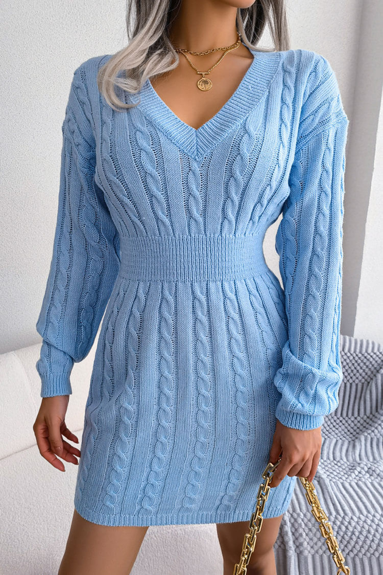 Deep V Neck Cable Knit Ribbed Waist Sweater Mini Dress