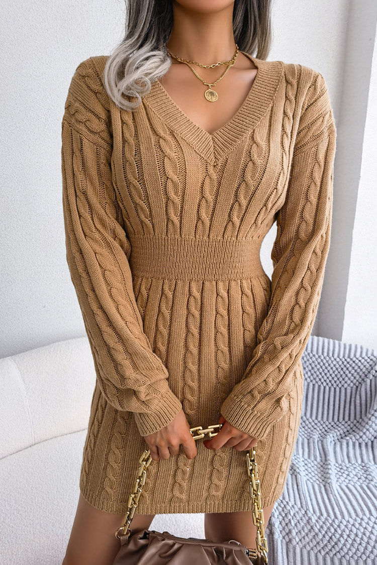 V-Neck Cable Knit Bishop Sleeve Bodycon Sweater Mini Dress