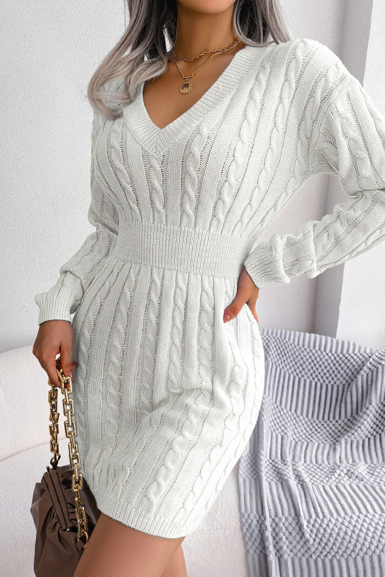 V-Neck Cable Knit Waistband Bodycon Sweater Mini Dress