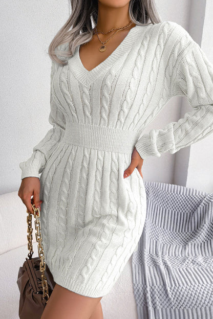 V-Neck Cable Knit Waistband Bodycon Sweater Mini Dress