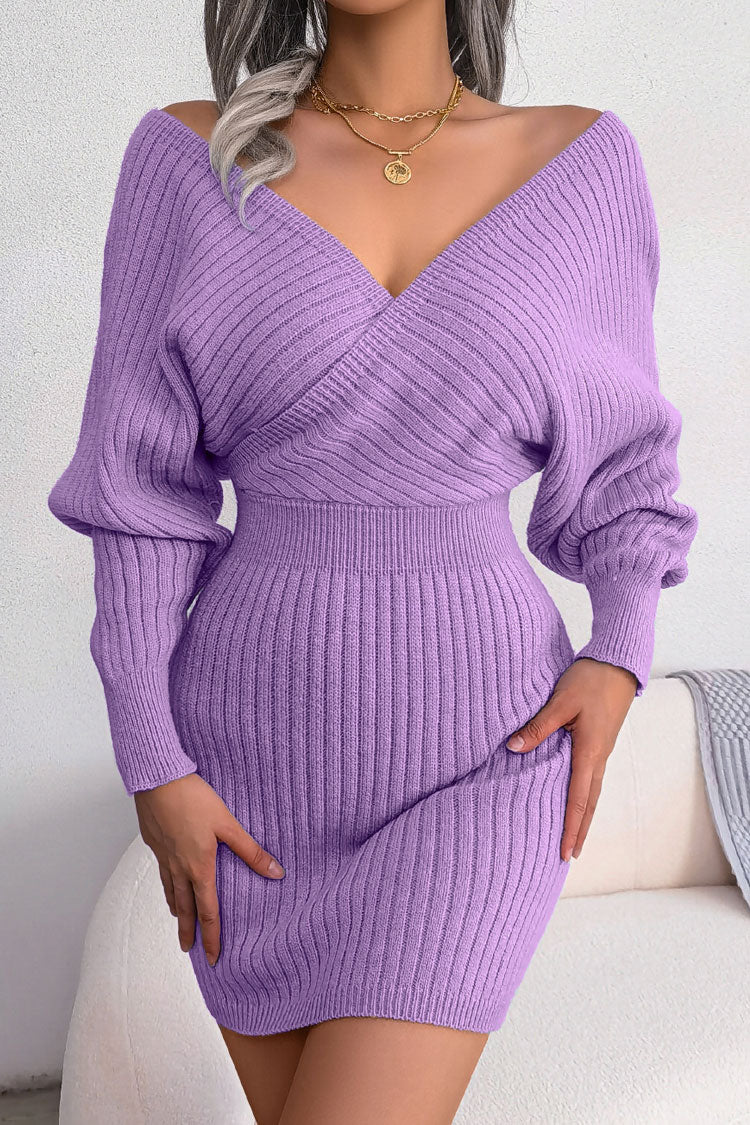 Surplice Wrap V Neck Rib Knit Lantern Sleeve Bodycon Sweater Mini Dress