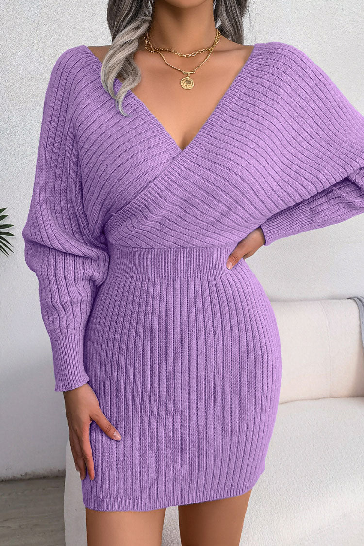Surplice Wrap V Neck Rib Knit Lantern Sleeve Bodycon Sweater Mini Dress