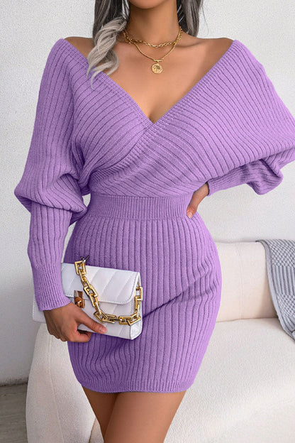 Surplice Wrap V Neck Rib Knit Lantern Sleeve Bodycon Sweater Mini Dress