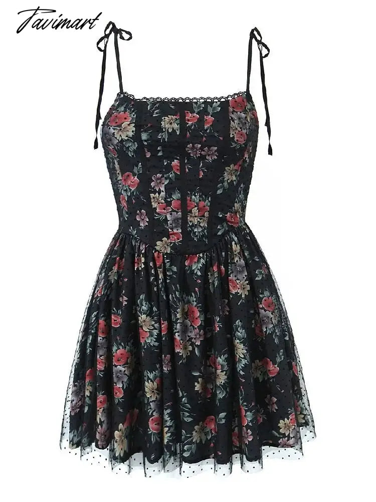 Sexy Women Black Flower Print Spliced Mesh Bra Corset style Mini Dress Slim Waist Party Skater Bow Lacing up Sling Robe
