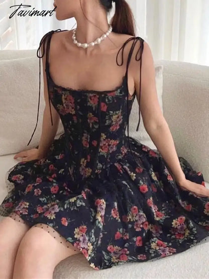 Sexy Women Black Flower Print Spliced Mesh Bra Corset style Mini Dress Slim Waist Party Skater Bow Lacing up Sling Robe