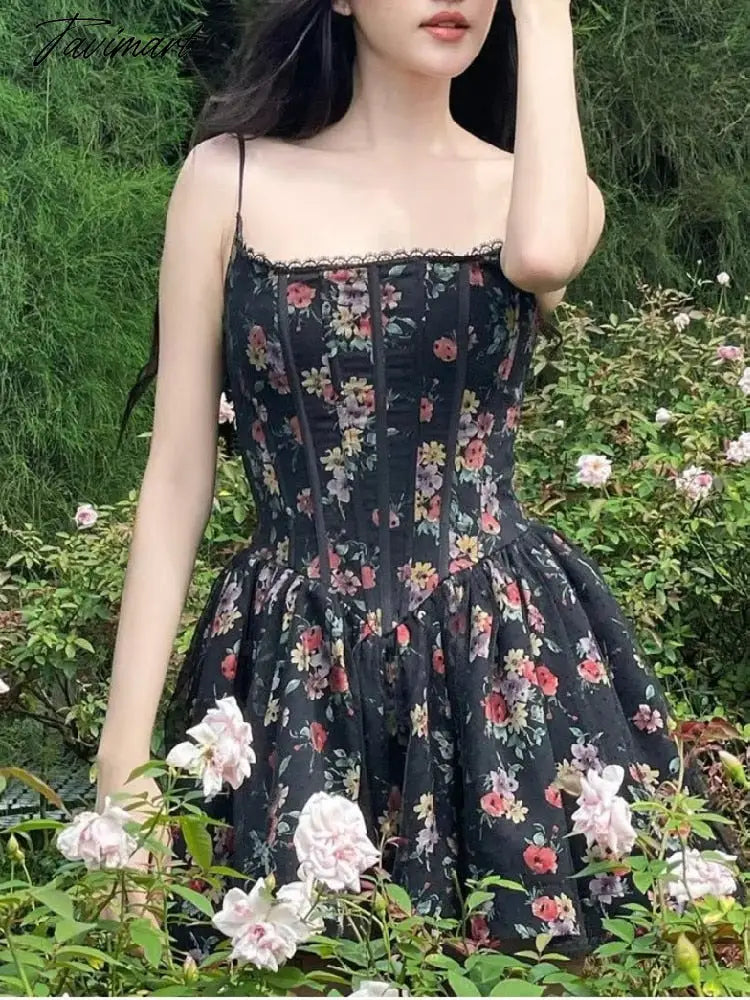 Sexy Women Black Flower Print Spliced Mesh Bra Corset style Mini Dress Slim Waist Party Skater Bow Lacing up Sling Robe