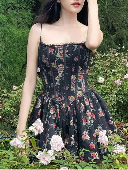 Sexy Women Black Flower Print Spliced Mesh Bra Corset style Mini Dress Slim Waist Party Skater Bow Lacing up Sling Robe