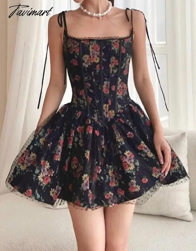 Sexy Women Black Flower Print Spliced Mesh Bra Corset style Mini Dress Slim Waist Party Skater Bow Lacing up Sling Robe