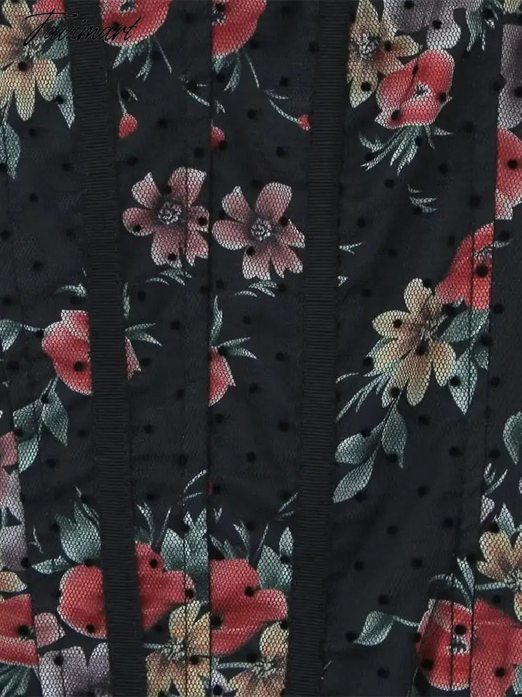 Sexy Women Black Flower Print Spliced Mesh Bra Corset style Mini Dress Slim Waist Party Skater Bow Lacing up Sling Robe