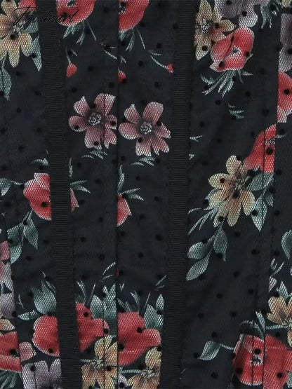 Sexy Women Black Flower Print Spliced Mesh Bra Corset style Mini Dress Slim Waist Party Skater Bow Lacing up Sling Robe