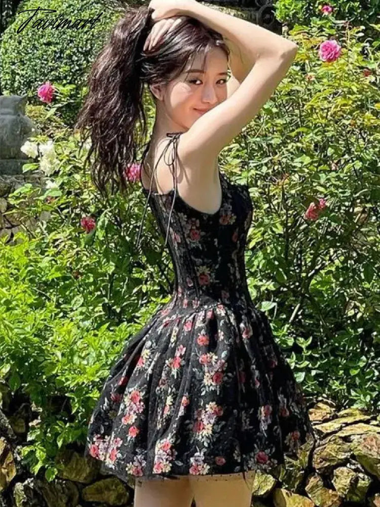 Sexy Women Black Flower Print Spliced Mesh Bra Corset style Mini Dress Slim Waist Party Skater Bow Lacing up Sling Robe