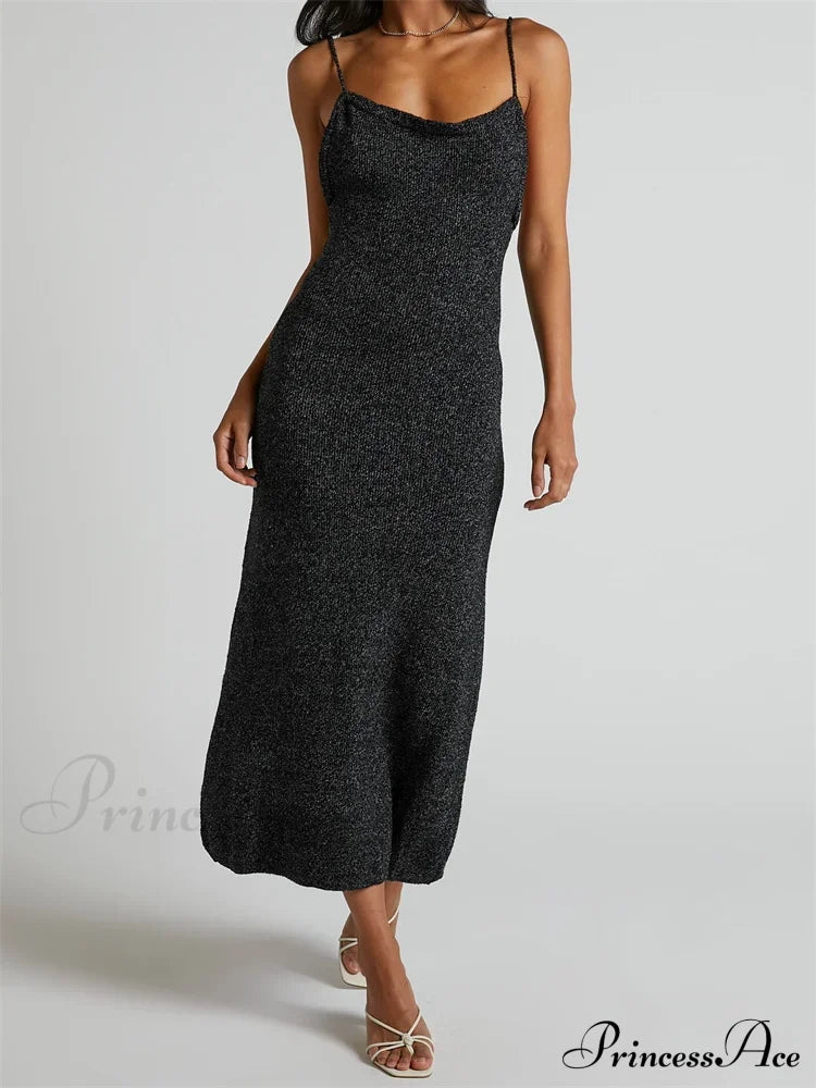 Sexy Women Knitted Summer Solid Color Sleeveless Spaghetti Strap Low Cut O-neck Backless Vestidos