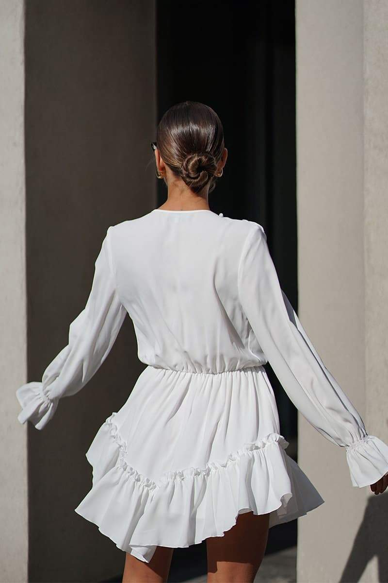 Ruffle Trim V-Neck Balloon Sleeve Mini Dress