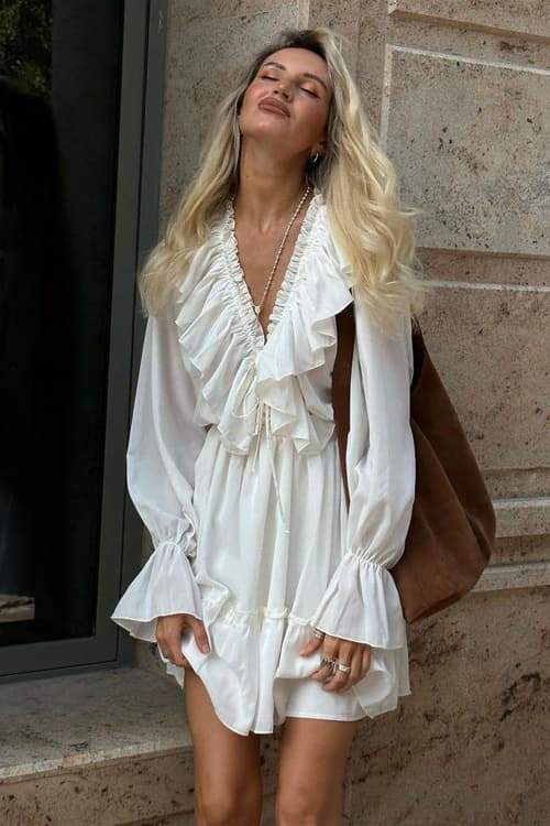 Ruffle Trim V-Neck Balloon Sleeve Mini Dress
