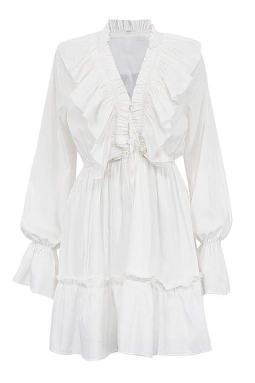 Ruffle Trim V-Neck Balloon Sleeve Mini Dress