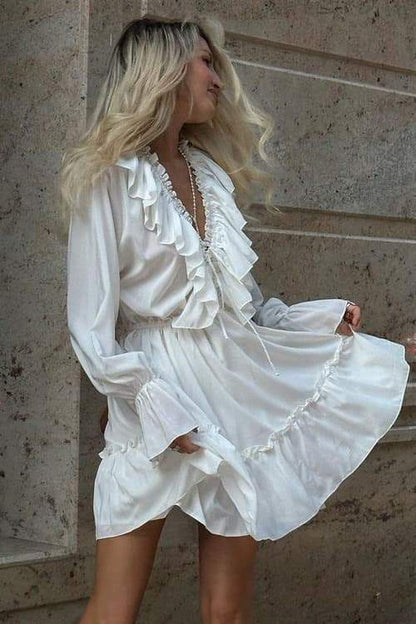 Ruffle Trim V-Neck Balloon Sleeve Mini Dress