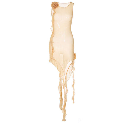 Sheer Mesh 3d Flower Ruffle Trim Sleeveless Dress 5